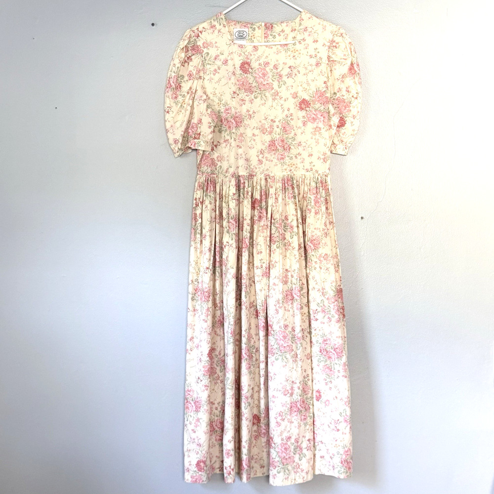 Vintage Laura Ashley Dress UK 16 US 12 Yellow Pink Cottagecore Modest Prairie